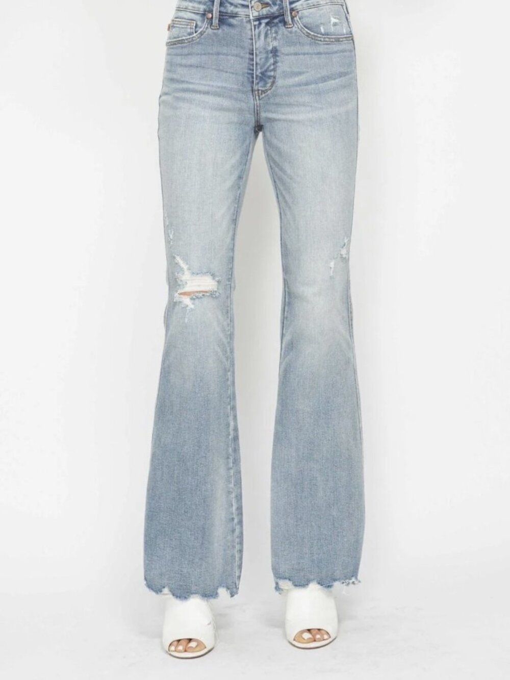 Judy Blue Womens Mid Rise Tummy Control Destroyed Flare Jeans Size 13/31 Stretch
